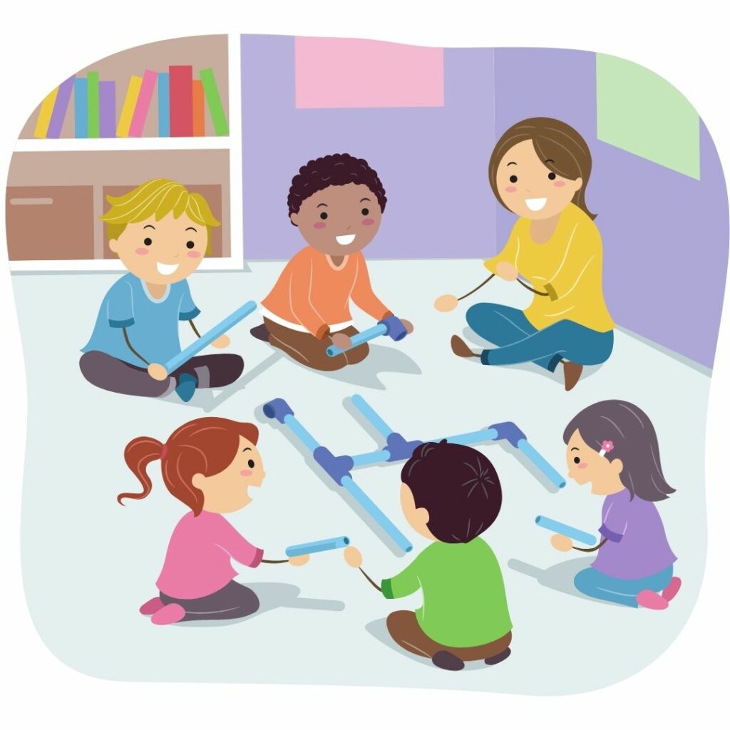 preschool teacher in classroom with children doing an activity